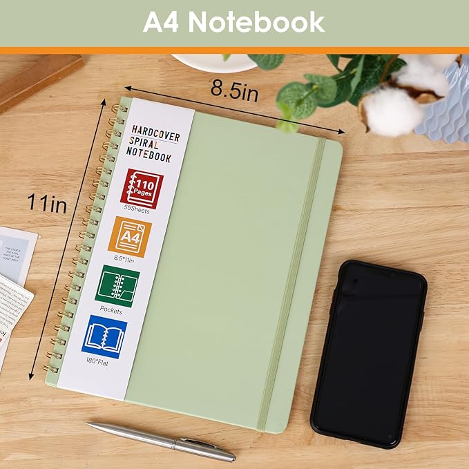 LABUK Spiral Notebook 8.5 x 11, A4 Hardcover Notebooks for Women, 55 Sheets 110 Pages Large Journal for Work, School, (Green)