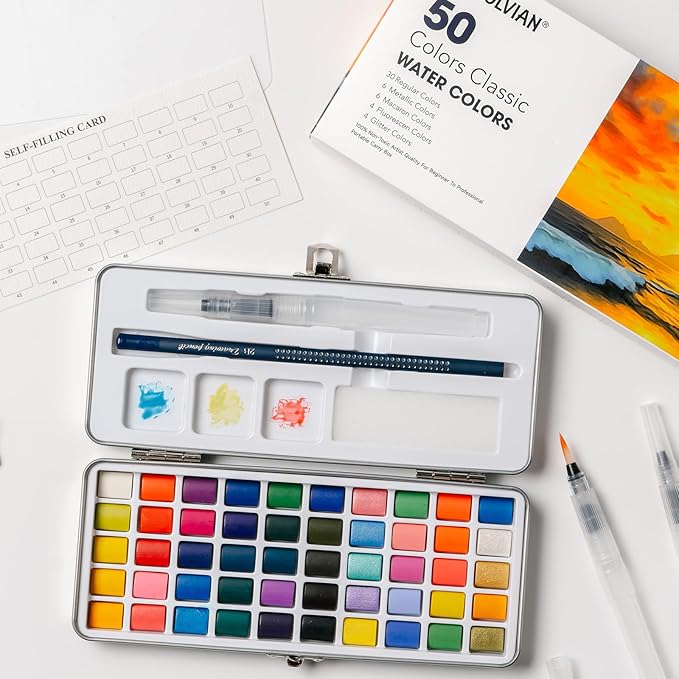TERSOLVIAN 50 Colors Watercolor Paint Set - Portable Travel Art Kit, Includes Fine Detail Paint Brush, Premium Water Color Painting Supplies for Adults, Professionals, and Beginners Art Gift Idea