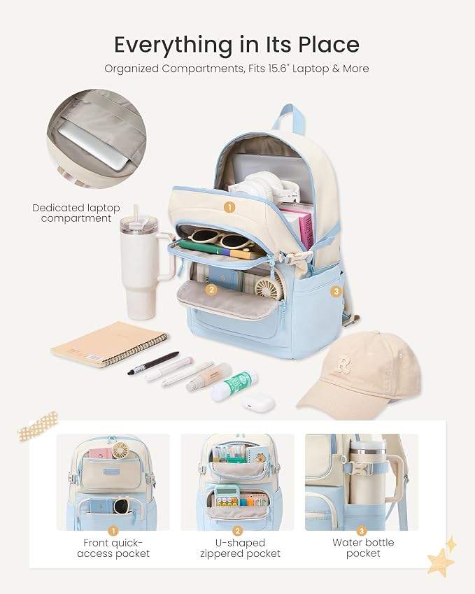 LOVEVOOK School Backpack for Teen Girls & College Students, Large Capacity Laptop Backpack with Water Bottle Holder, Lightweight Bookbag for School, Travel & Everyday Use, Beige-Light Blue
