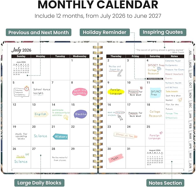 Planner 2026-2027, Hardcover Monthly and Weekly Academic Planner July 2026 - June 2027, Teacher and Student Calendar Agenda Book with Tabs, A5 (6.3" x 8.5"), Ideal for School and Office, Vivid Mushroom