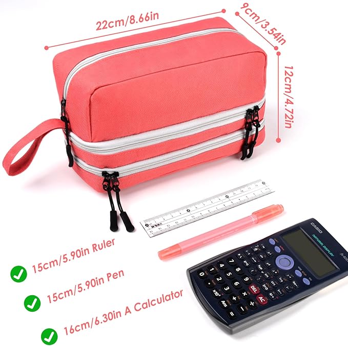 Genteen Large Capacity Pencil Case,Multifunction Pencil Pouch,Pencil Bags with Zipper 3 Compartments Pencil case organizer for or School Teen Girl Boy Men Women（Pink）