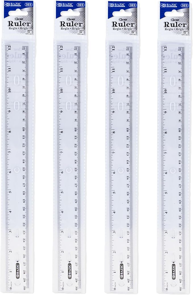 BAZIC Products Plastic Clear Rulers 12 inch (30cm), Inches Centimeter Metric Ruler Measuring Long Ruler, Straight Edge Ruler for Students School Supplies, 4-Pack