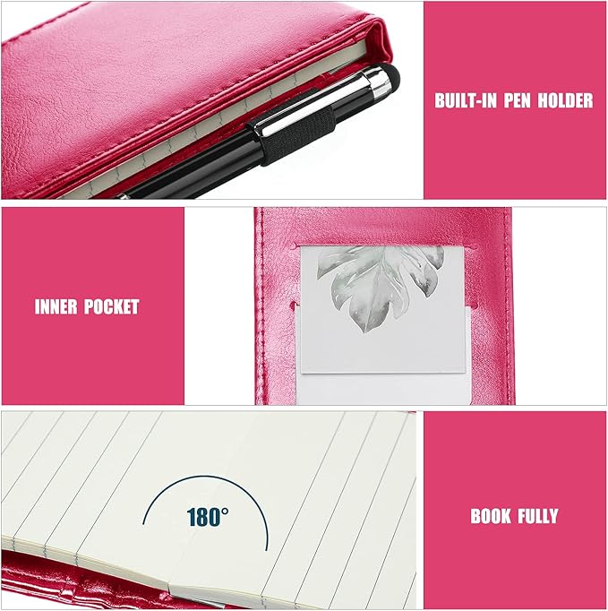 Outus 10 Pcs Mini Pocket Notepad Holder Set Included Small Leather Pocket Notebook Holder with 50 Lined Sheets, Metal Pen, 8 Pcs 3 x 5 Inch Memo Book Refills, 30 Lined Paper Per Note Pad (Rose Red)