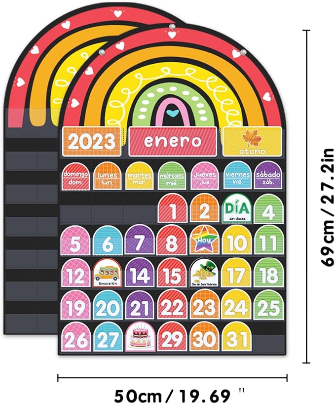 Rainbow Design Calendar Pocket Chart for Classroom & Home with 96 Activity Cards -Educational and Learning Calender Skills (Spanish)