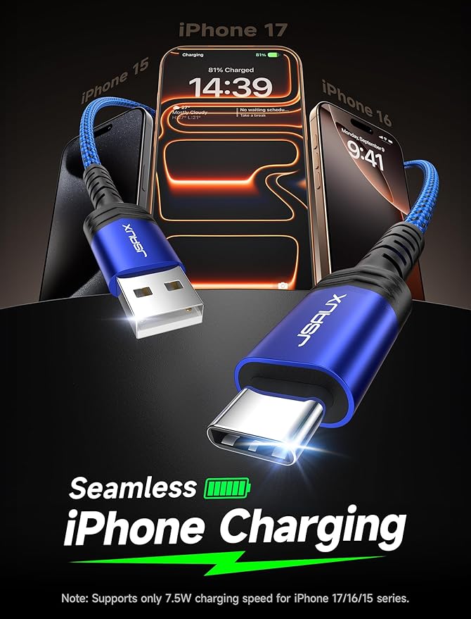 JSAUX USB C Cable Fast Charging 3-Pack(10ft+6.6ft+3.3ft), USB A to Type C Charger Cord for iPhone 17/17e/17 Pro/17 Pro Max, iPhone 16/16 Pro/16 Pro Max, Samsung Galaxy S23 S22 S20, USB C Charger(Blue)