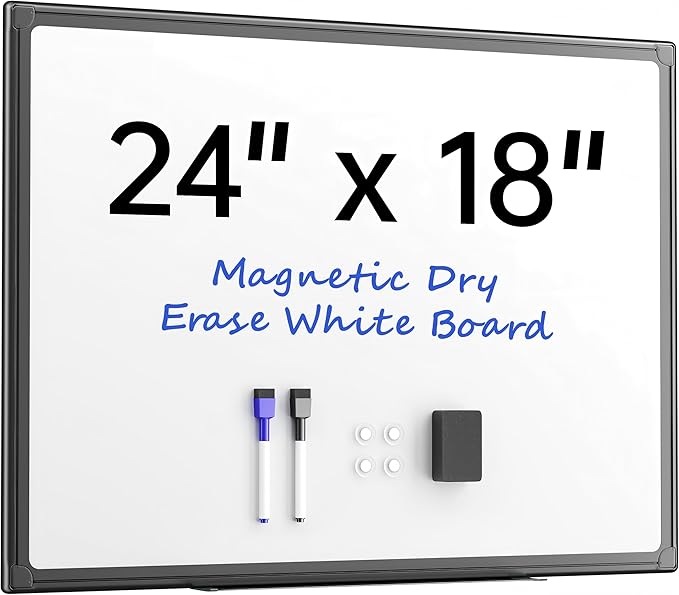 VUSIGN 24" x 18" Magnetic Whiteboard for Wall, Dry Erase Board with Black Frame, Hanging White Board for Office, Home, School, Dorm – Includes Markers, Magnets & Eraser