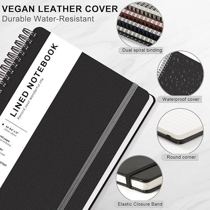 ABERLLS Lined Spiral Journal Notebook with 160 Pages, 8.5×11in, A4 Spiral Notebook, Journaling Notebooks for Work, School, Women, Men, College Ruled Spiral Notebook, Hardcover Leather Journals, Black