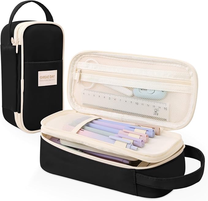 SKYDUE Black Pencil Case for Girls & Boys - Aesthetic Pencil Bag with Multi-Compartment, Large Capacity Zippered Pencil Pouch for School Supply