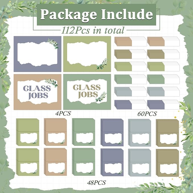 112Pcs Eucalyptus Class Jobs Bulletin Board Set Greenery Classroom Job Pocket Chart Bulk Sage Green Class Management Pocket Chart Teacher's Helper Posters Cards Chalkboard Decor School Supplies