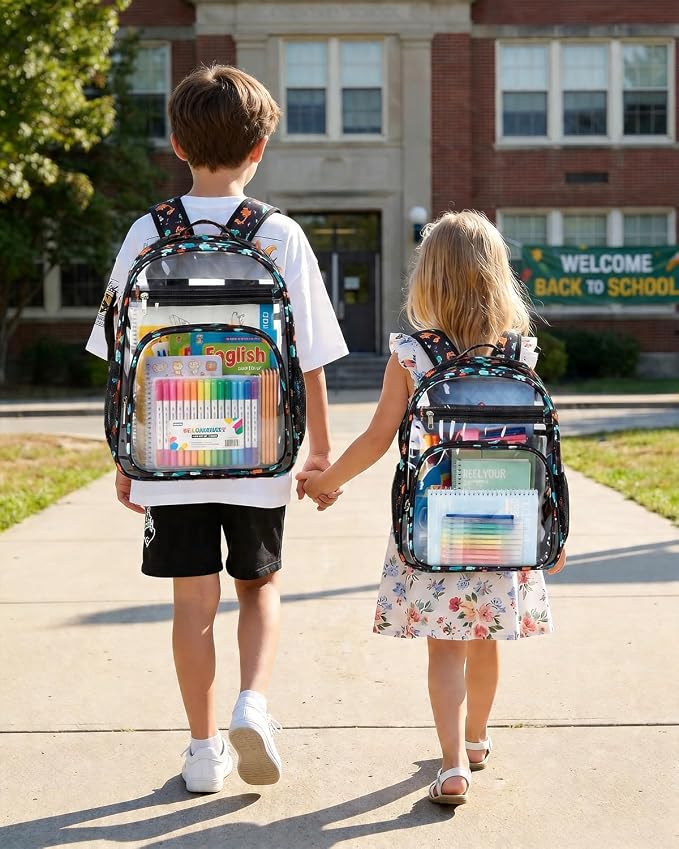 Soimeat Clear Backpack for Girls - Large Kids Clear Bookbag - Fabric & PVC Transparent Backpacks for Elementary School, Black Dinosaur