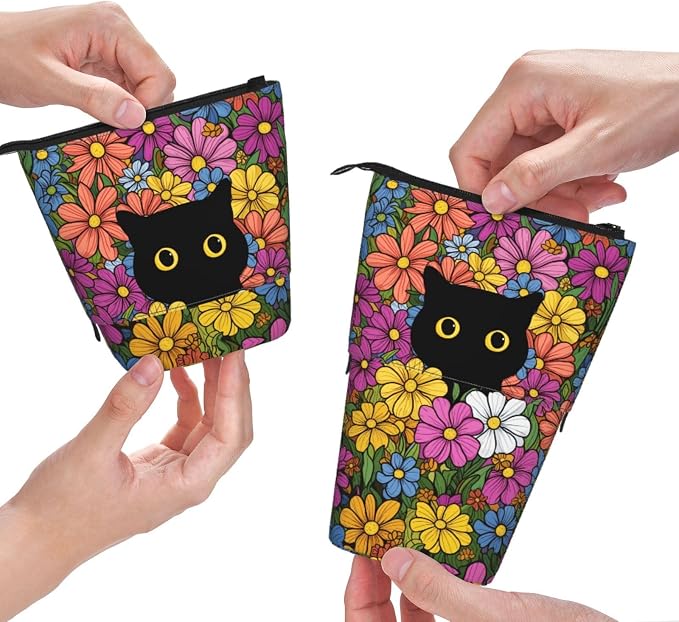 Black Cat Flower Girls Boys Standing Pencil Case Kids Kids Telescopic Stationary Pouch with Zipper Large Capacity Stand up Pen Bag Portable Makeup Holder for Children School Students Office Supplies