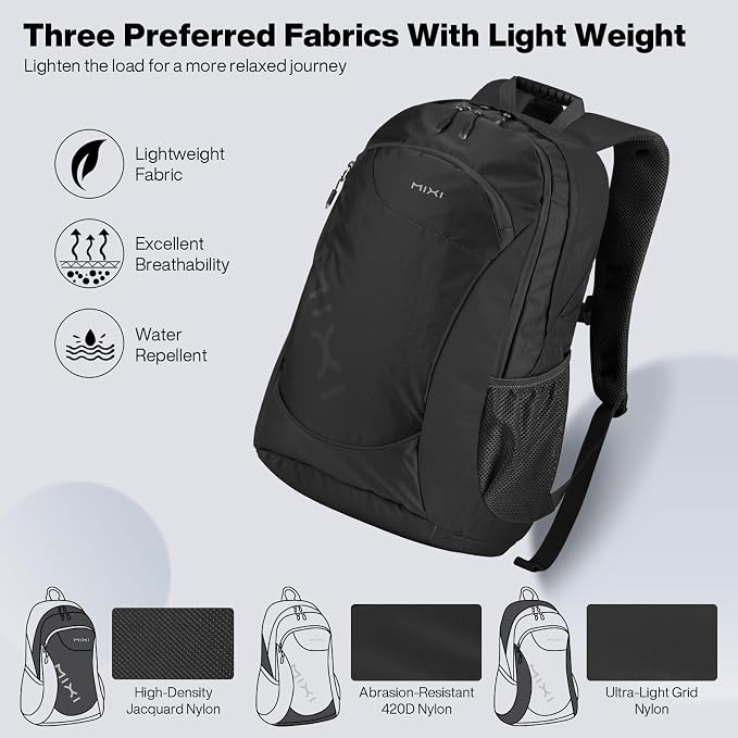 mixi 31L Ultra Lightweight Waterproof Travel Backpack, 18 inch Casual Daypack for Men Women, Durable Spacious Bag for Travel, Sports, Camping, Hiking & College, Black