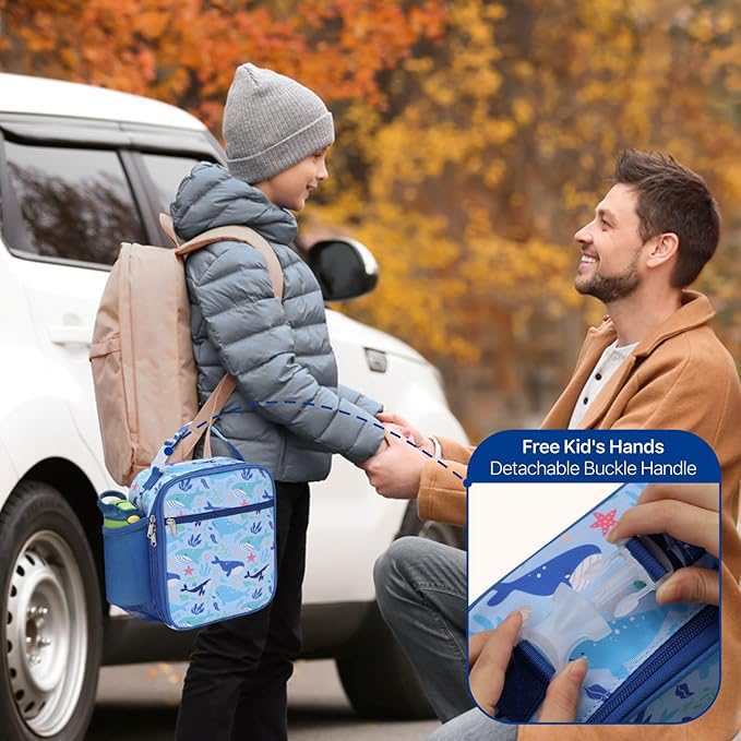 Bagseri Kids Lunch Box for Boys - Insulated Toddler Lunch Bag Fits Bento Box, Reusable Daycare Cooler Tote with Clip Handle, Water-Resistant Lining, Blue Whale