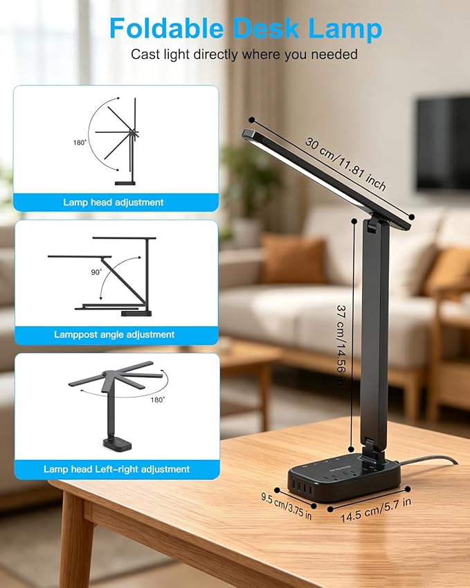 One Beat Small LED Desk Lamp Power Strip 5ft Extension Cord with 3 Outlets 4 USB Ports(2 USB C), 4 Modes, 5 Level Touch Lamp Study Reading Light, Home Office Bedroom College Dorm Room Essentials,Black