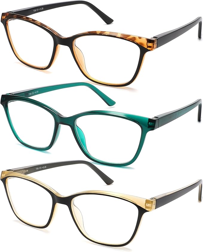 Reading Glasses for Women, 3-Pack Blue Light Computer Eyeglasses, Cat-Eye Fashion Full Frame with Spring Hinge Ladies Readers +2.25diopter