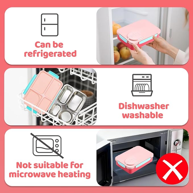 Kids Stainless Steel Lunch Box,304 Stainless Toddler Leak-Resistant Insulated Metal Bento Box,Suitable Schools,Office,Use Comes With An Independent Soup Cup,Tableware,4 Compartments (Pink)