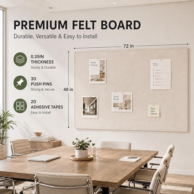 Felt Bulletin Board for Wall 72" x 48" Unfolded Size, Large Frameless Felt Pin Board, Soft Cork Board Alternative for Office, Home Planning, Notes, Photos & Wall Decor, Foldable Shipping, Easy Install