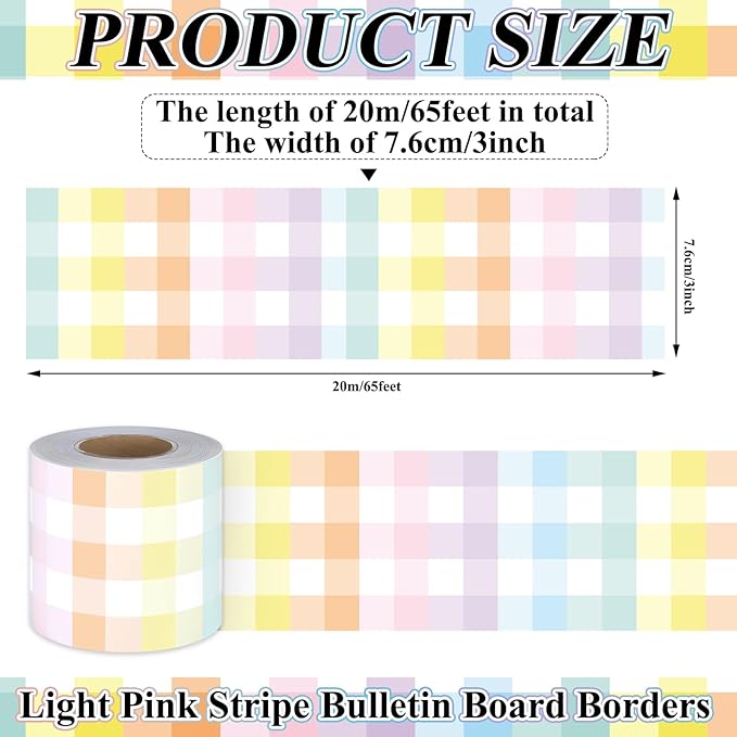 65.6 Ft Pastel Gingham Bulletin Board Border Die Cut Straight Border Trim Plaid Checkered Classrooms Decor for Whiteboard Wall Desk Window Door Locker Office School Party