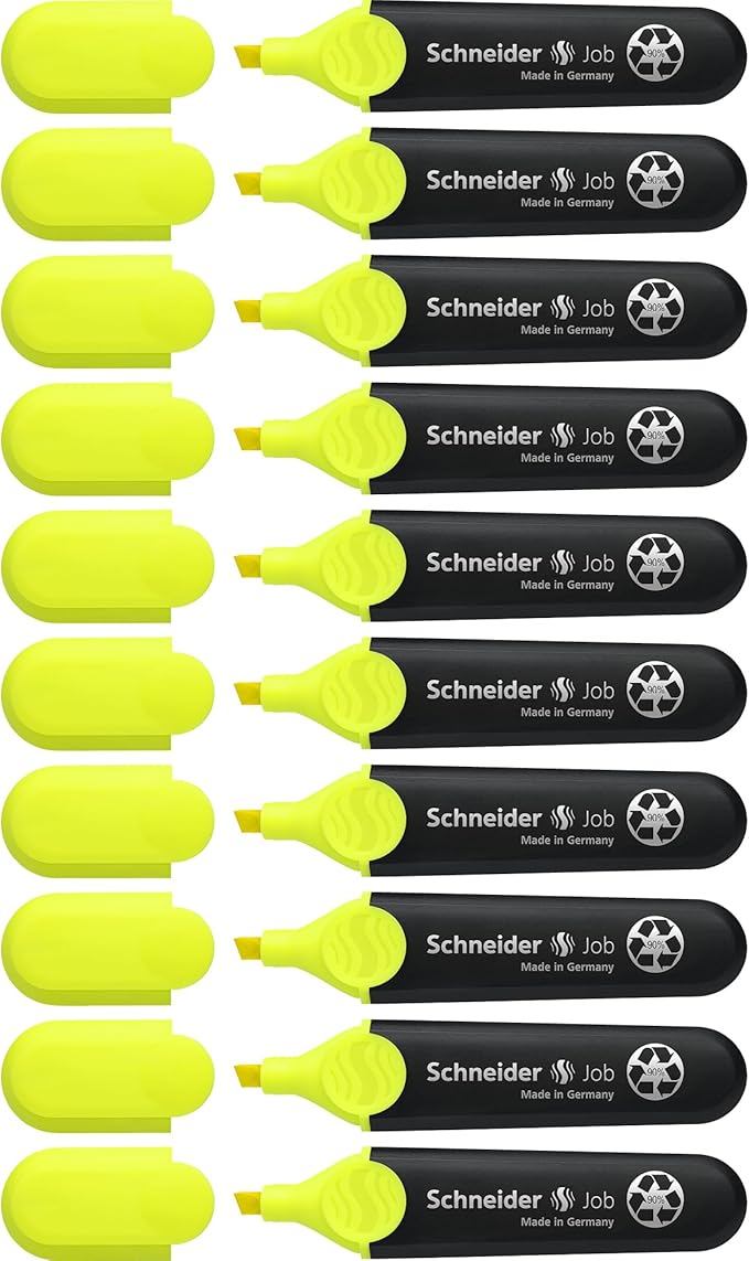Schneider Job Highlighter, Chisel Tip, 1 + 5 mm, Black Barrel, Yellow Ink, Box of 10 Highlighters (1505)