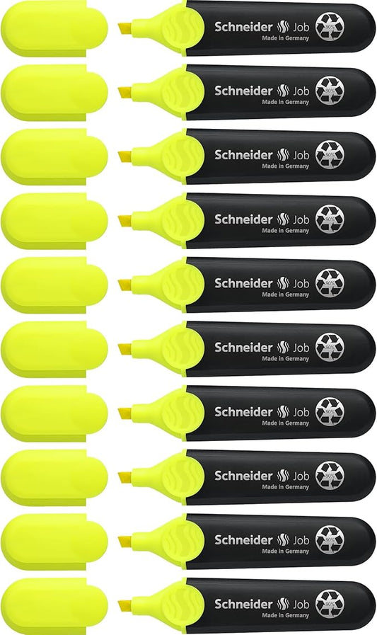Schneider Job Highlighter, Chisel Tip, 1 + 5 mm, Black Barrel, Yellow Ink, Box of 10 Highlighters (1505)