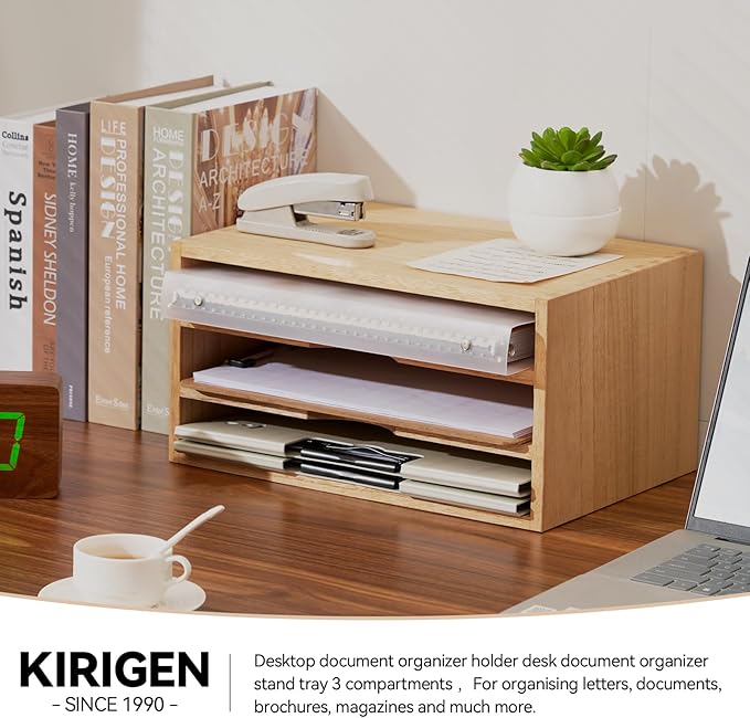 KIRIGEN Wooden Desktop Organizer, 3 Tier Solid Wood Letter Tray and Paper File Sorter for Desk, Freestanding Office Document Holder for Mail, Magazines, Folders, Natural 3KWJG-NA
