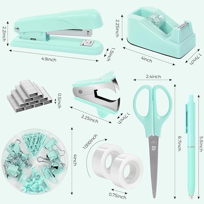 SKYDUE Teal Office Supplies Set - Desk Accessories, Stapler, Tape Dispenser, Scissors, Clips and 1000pcs Staples for Teachers