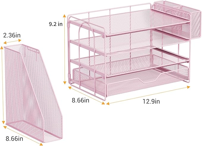OPNICE 4-Tier Desk Organizer with Drawer & Pen Holder, Office Desk Accessories and Office Decor for Women, Paper Tray File Organizer for Home Office Workspace Supplies, Pink