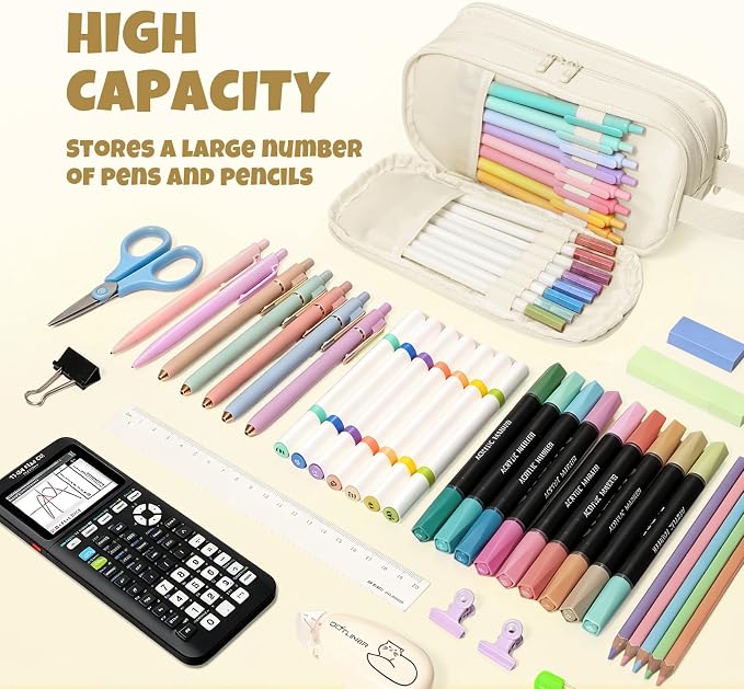 SUNEE Large Capacity Pencil Case with 3 Compartment, Extra Big Pencil Pouch, Pencil Bag with Clear Window, Pen Case School Supplies for Teens Adults Girls Boys,Beige