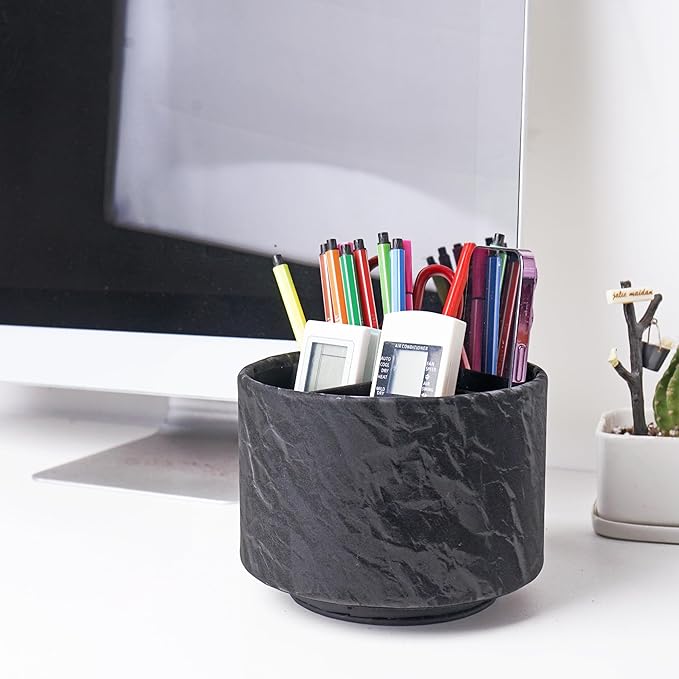 Round Leather Art Supply Organizer,Remote Control Holder,360 Degree Spinning,Multi-Functional Pencil Holder,4 Compartments Desktop Stationary Organizer(1-Hill Black)