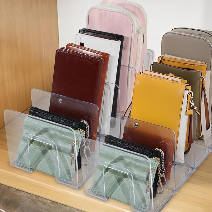 4 Pack Clear Acrylic File Sorter, Sturdy Desktop Book Folder Organizer, 4 Section Purse Handbag Clutch Divider for Closet, Office Storage Rack Holder for Letter, Binder, Document, Electronics