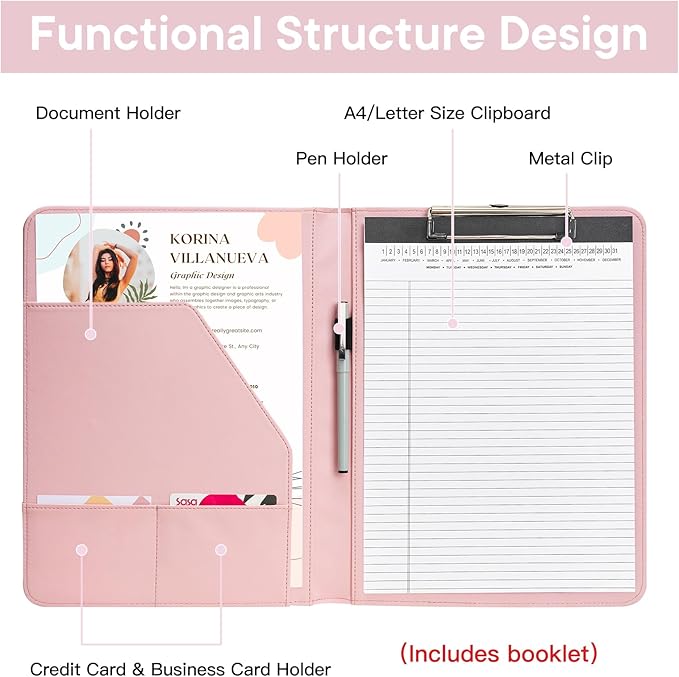 Professional Padfolio with Clipboard, Faux Leather Portfolio Folder Binder, 8.5 x 11 Legal Pad Holder for Letter Size Notepad, Resume, Writing Pad, Ideal Organizer for Business Office Conference, Pink