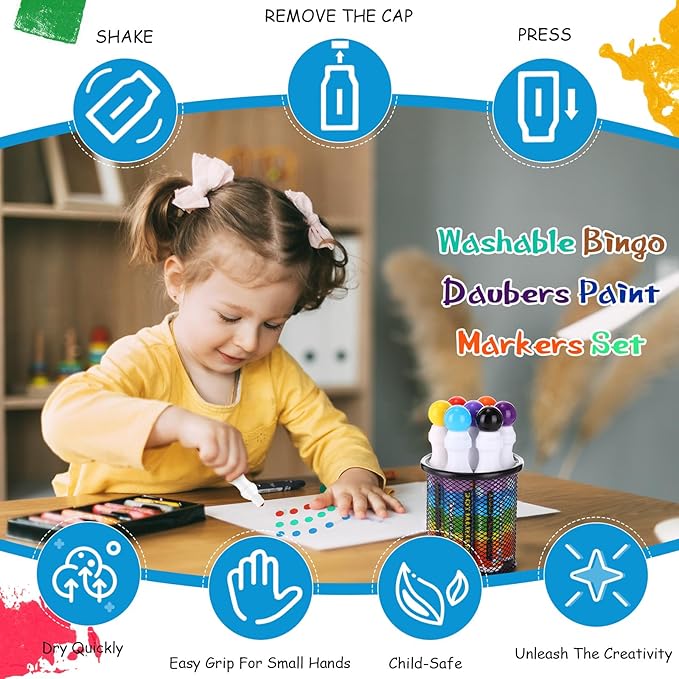 Crtiin 48 Pack Washable Dot Markers for Toddler Kids 1.35 oz Large Dauber Marker Supplies Bulk Washable Art Marker 12 Colors, Kid Painting Drawing Coloring Supplies, Paint Craft Preschool Learning