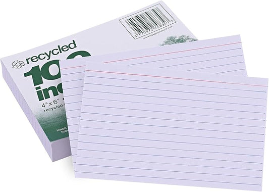 Roaring Spring Recycled Index Cards 4"x6", 100 Count, Smooth 100# White Recycled Index Paper, Ruled on Front, Blank on Back