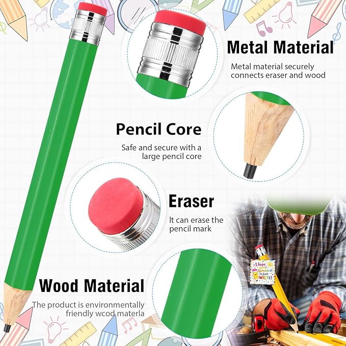 24 Sets End of the Year Student Gifts 13 Inch Big Wooden Jumbo Pencils Set of Giant Pencil Prop with Summer Greeting Card Large Pencils with Cap Preschool Kindergarten Graduation Gift