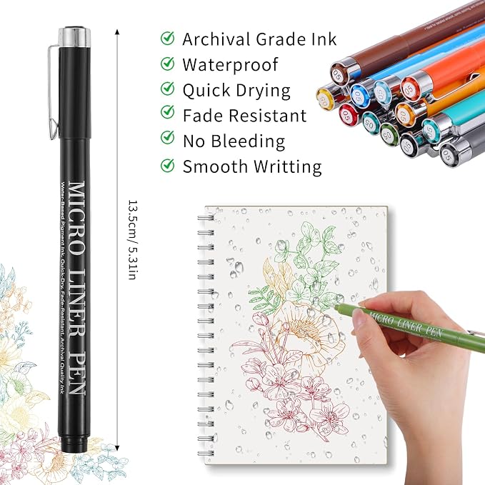 Thboxes Fineliner Pens Set, 12 Colors, 0.5mm Micro Tip, with Pouch