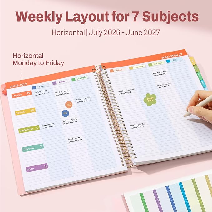 SUNEE Deluxe Teacher Planner 2026-2027, Lesson Planner Book with 7 Periods Jul 2026 - Jun 2027, 8.5" x 11" Daily Weekly and Monthly Organizers with Colorful Tabs, Planning Stickers,120gms Paper, Pink