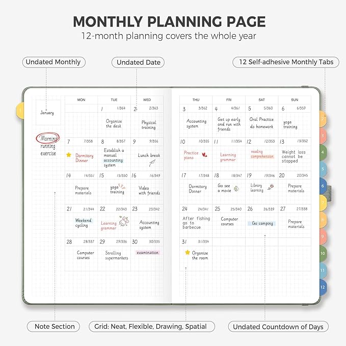 Daily Planner Undated, Appointment Book for Hourly, Daily and Monthly, 365 Days, One Page a Day, Medium Size (5.7" x 8.3"), Leather Hardcover, 12 Self-adhesive Monthly Tabs (Light Green)