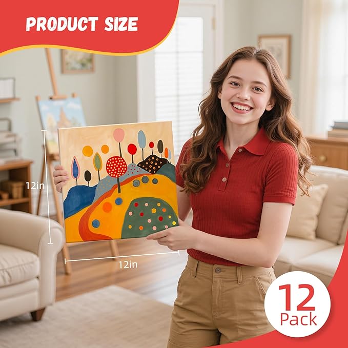 Simetufy 12 x 12 inch 12 Pack Painting Canvas Boards- Gesso Primed Acid-Free 100% Cotton Canvas Panels for Acrylics Oil Watercolor Tempera Paints