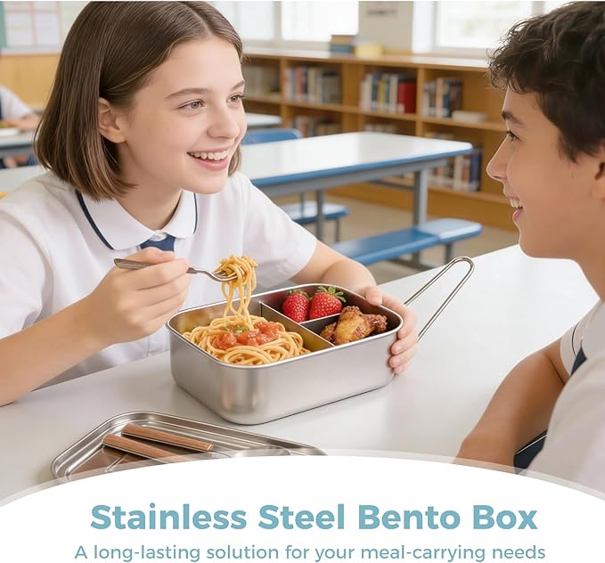 2 Pcs 304 Stainless Steel Bento Box, 1200ml 3-Compartment Metal Lunch Container with Fork and Spoon, Leak Proof Metal Lunch Container for Youngsters and Adults