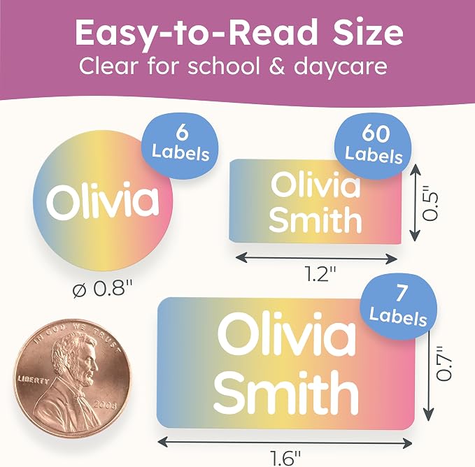 Personalized Daycare Name Labels for Kids [70pcs, Multicolor] - Waterproof Name Stickers for School, Baby Bottles & Clothing - Custom Name Stickers - Washable Stick On Labels (Various Sizes)