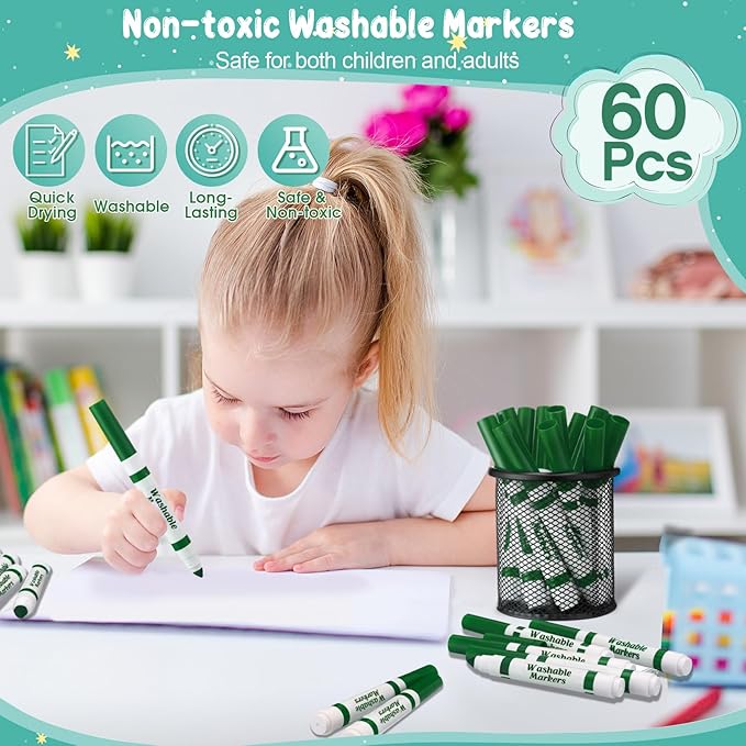 60 Pcs green Washable Markers Bulk Coloring Broad Line Markers for Kids Conical Tip green drawing pens for Classroom Back to School travel Art baby shower gender reveal Supplies, Ages 6+