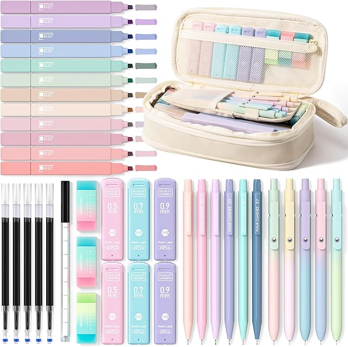 Four Candies 39 PCS Aesthetic School Supplies with Cute Pen Case, 12 Pastel Highlighters, 5 Black Ink Gel Pens, 6 Mechanical Pencils Set for Students Stationary College Essentials (Cream)