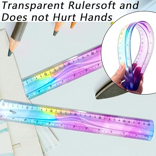 4 PCS 12 Inch Flexible Ruler, Bendable Plastic Ruler, Soft Bendable Gradient Colour Rulers with Centimeters and Inches for Student School Classroom Office Supplies