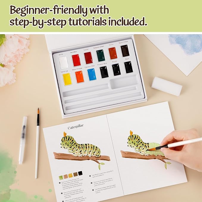 Watercolor Workbook-Water Colors Paint Adult Set with 12 Original Forest-Themed Patterns,12 Paint Colors&Refillable Brushes,Coloring Books for Adults Beginners,Arts&Crafts Birthday Gifts