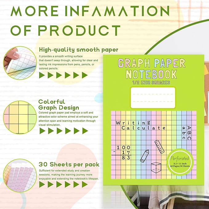 1 Pack 8.5×11 Colored Graph Paper Pad Math Notebook Graph Paper 1/2 Inch Squares Large Quad Ruled Grid Composition Notebook Colored Grid Paper Exercise for Kids School Dyslexia Dysgraphia 30 Sheets