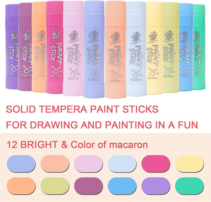 TBC The Best Crafts Paint Sticks, 12 Colors Pastel, Washable, Non-toxic, Tempera Paint Sticks for Kids and Students