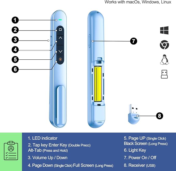 QUI 2 Pack Presentation Clicker, Hyperlink Volume Control Wireless Presenter, RF 2.4GHz USB Presentation Remote Control,PowerPoint Clicker Slide Advancer for Computer, Laptop, Mac (USB, Blue)