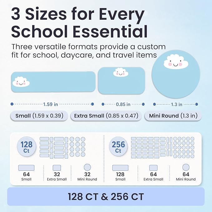 Label Daddy Personalized Name Labels for School, Cloud Design | Waterproof Name Tags for Kids, Washable Custom Daycare Labels, Clothing, Lunch Boxes, Water Bottles and More, 128 Ct & 256 Ct