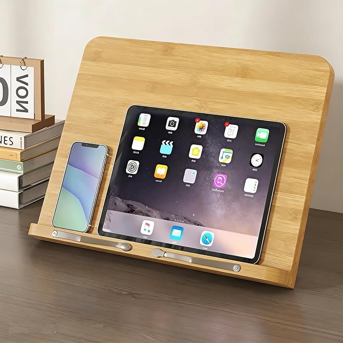 Bamboo Adjustable Book Stand, Large Wood Book Holder for Reading, Cookbook Stand for Kitchen Home Office, Sturdy Book Holder with Easy Installation