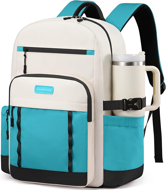 LOVEVOOK Laptop Backpack for Women with Large Cup Holder,15.6 Inch DIY Design Travel Work Backpack Computer Laptop Bag,Nurse Teacher College Backpack Purse,Gifts for Women Men,Beige-Black-Blue green
